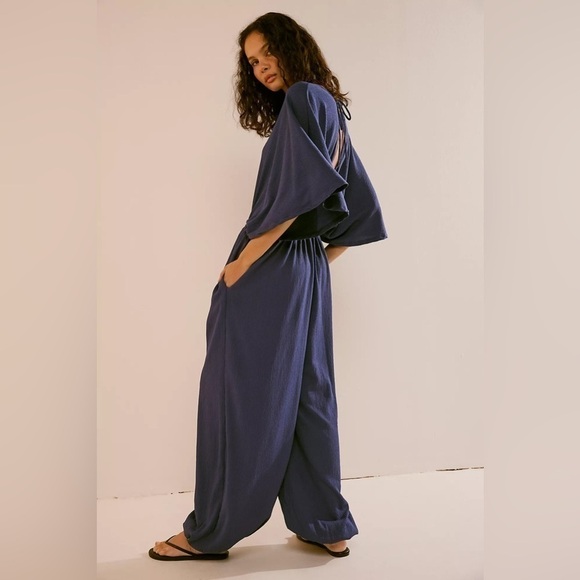 FREE PEOPLE “ Venus One Piece” women’s butterfly sleeve jumpsuit in blue XS nwt - Picture 3 of 13